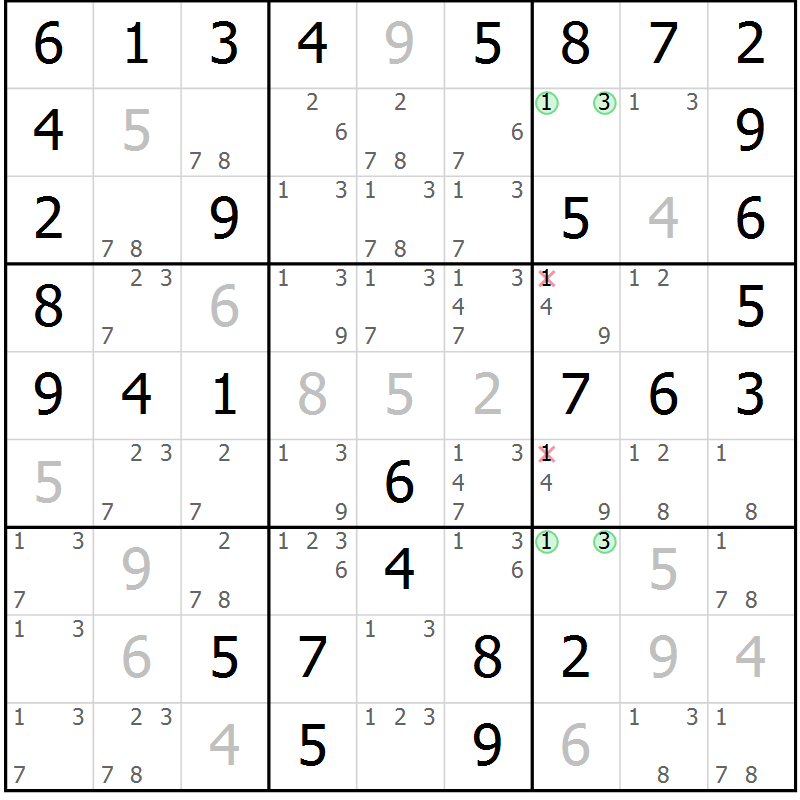 Position des candidats pour la solution de la Gr 51 page 54 du magazine de sudoku Virtuose n° 124