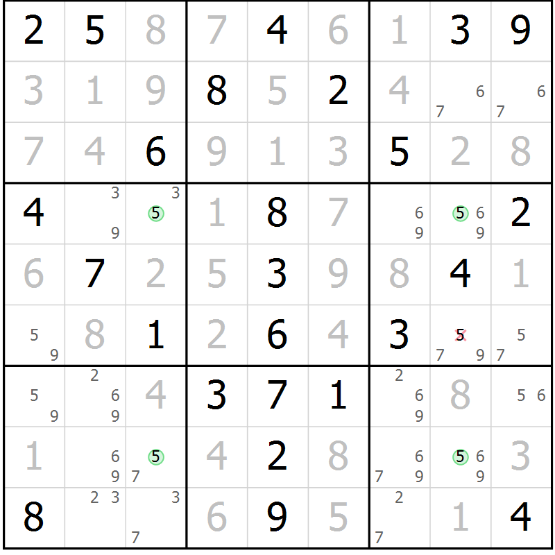 Position des candidats pour la solution de la Gr 52 page 55 du magazine de sudoku Virtuose n° 124