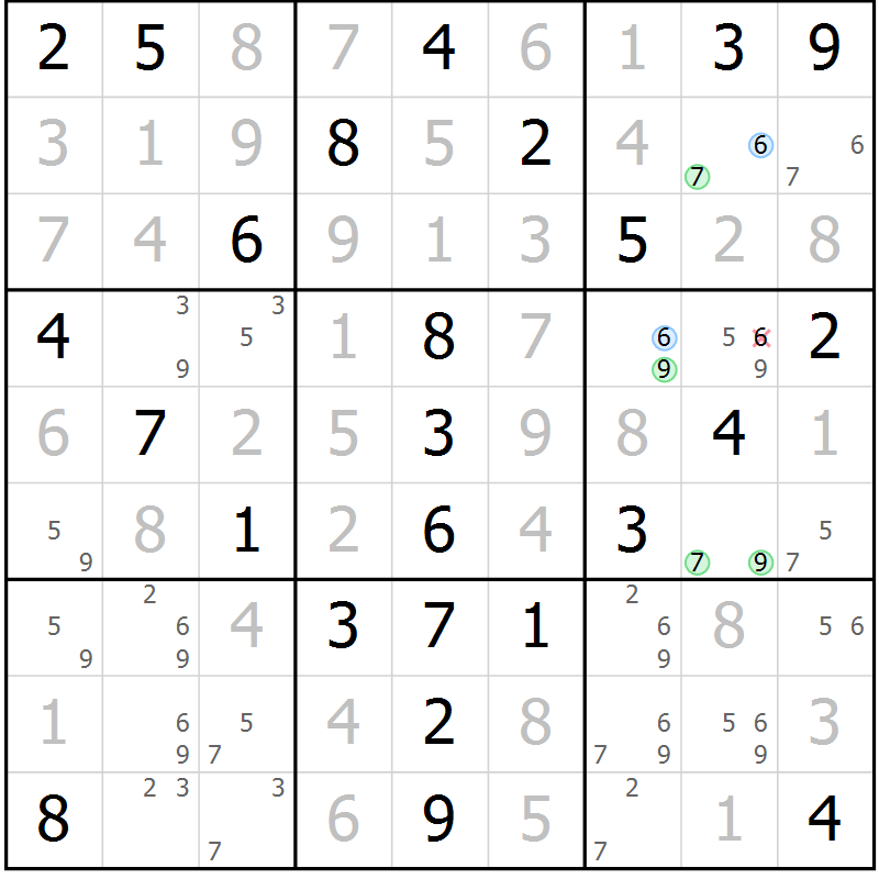 Position des candidats pour la solution de la Gr 52 page 55 du magazine de sudoku Virtuose n° 124
