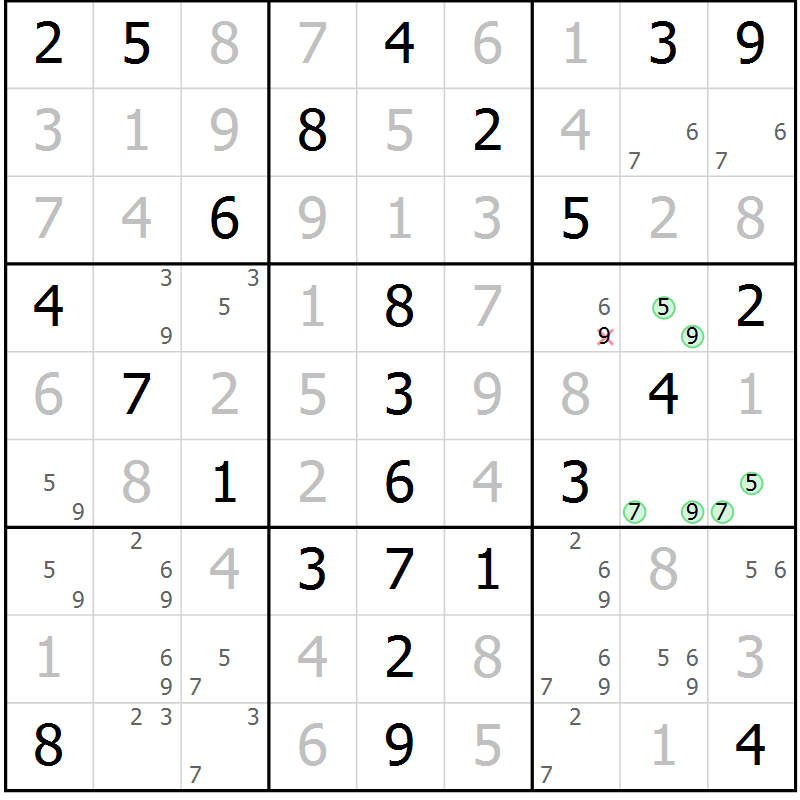 Position des candidats pour la solution de la Gr 52 page 55 du magazine de sudoku Virtuose n° 124