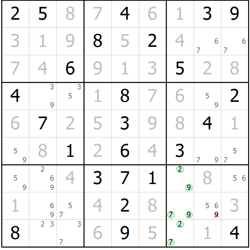 Position des candidats pour la solution de la Gr 52 page 55 du magazine de sudoku Virtuose n° 124