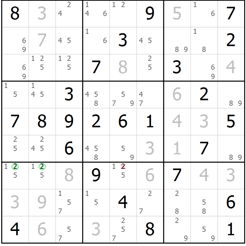 Position des candidats pour la solution de la Gr 54 page 57 du magazine de sudoku Virtuose n° 124