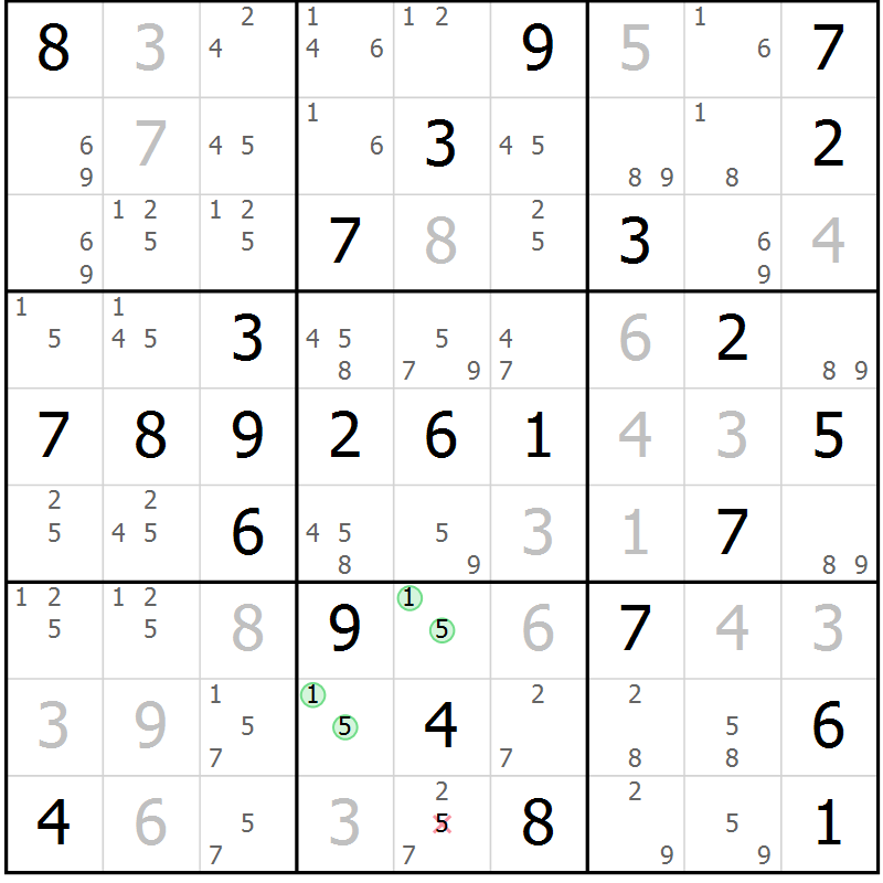 Position des candidats pour la solution de la Gr 54 page 57 du magazine de sudoku Virtuose n° 124