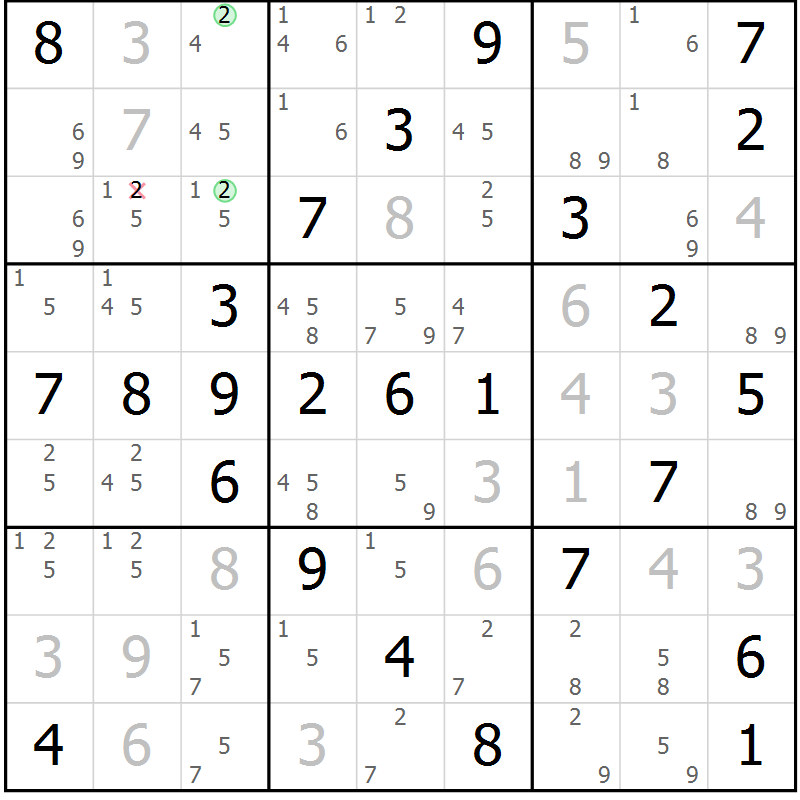 Position des candidats pour la solution de la Gr 54 page 57 du magazine de sudoku Virtuose n° 124