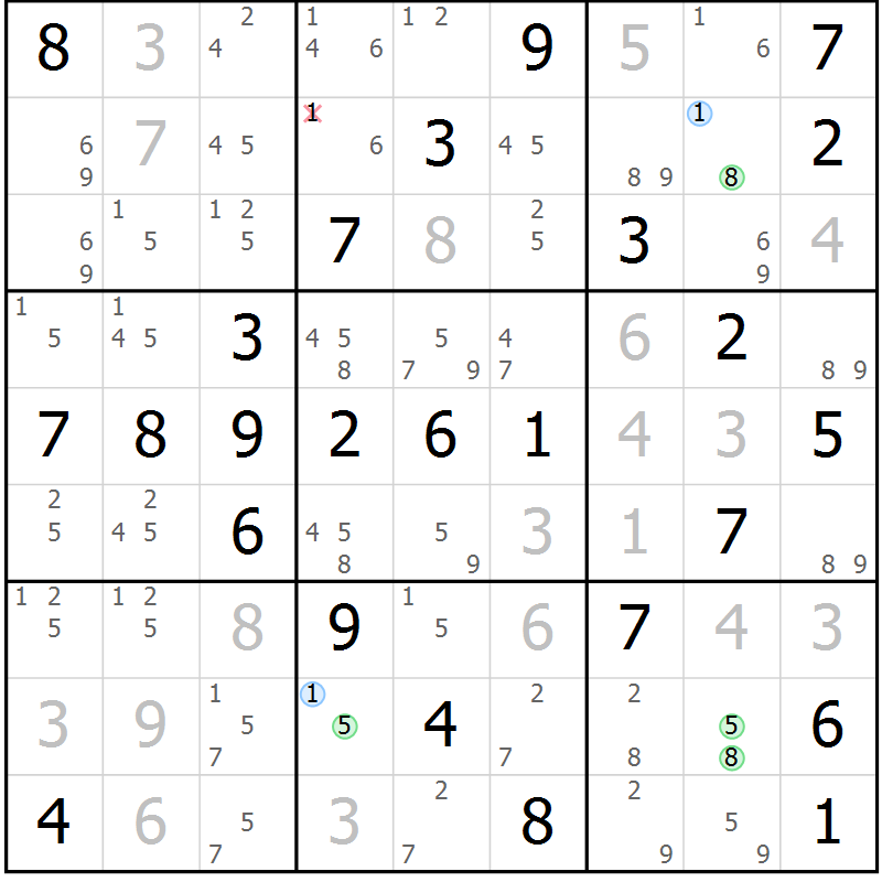 Position des candidats pour la solution de la Gr 54 page 57 du magazine de sudoku Virtuose n° 124