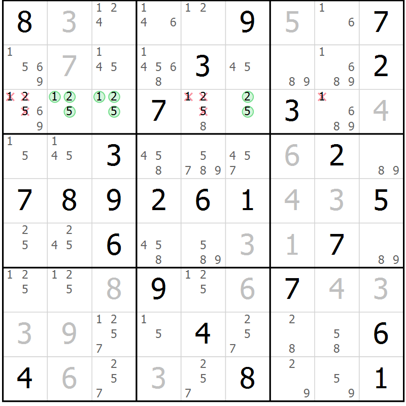 Position des candidats pour la solution de la Gr 54 page 57 du magazine de sudoku Virtuose n° 124