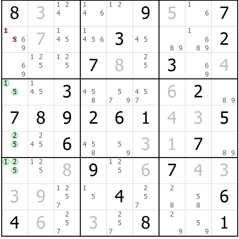 Position des candidats pour la solution de la Gr 54 page 57 du magazine de sudoku Virtuose n° 124