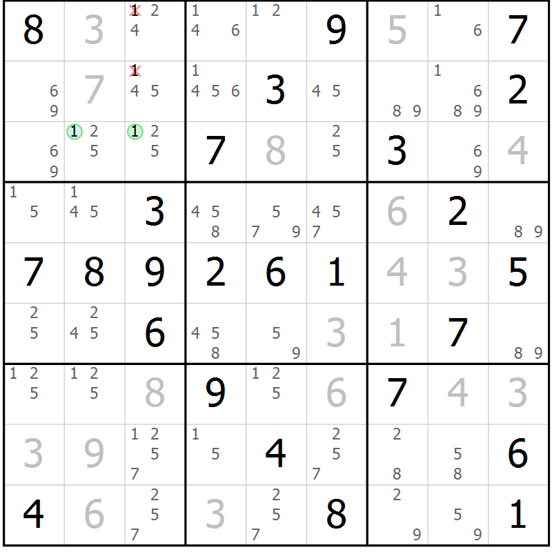 Position des candidats pour la solution de la Gr 54 page 57 du magazine de sudoku Virtuose n° 124