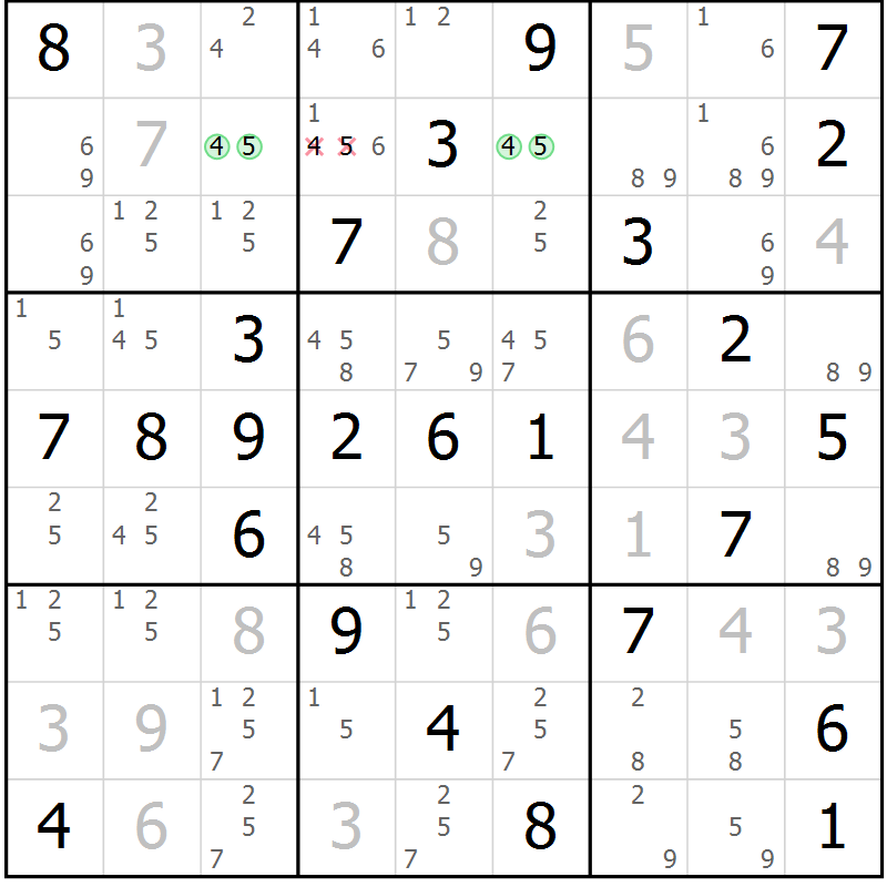 Position des candidats pour la solution de la Gr 54 page 57 du magazine de sudoku Virtuose n° 124