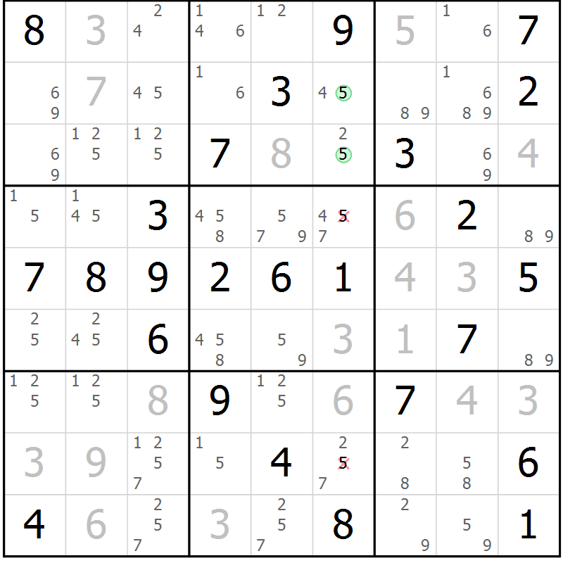 Position des candidats pour la solution de la Gr 54 page 57 du magazine de sudoku Virtuose n° 124