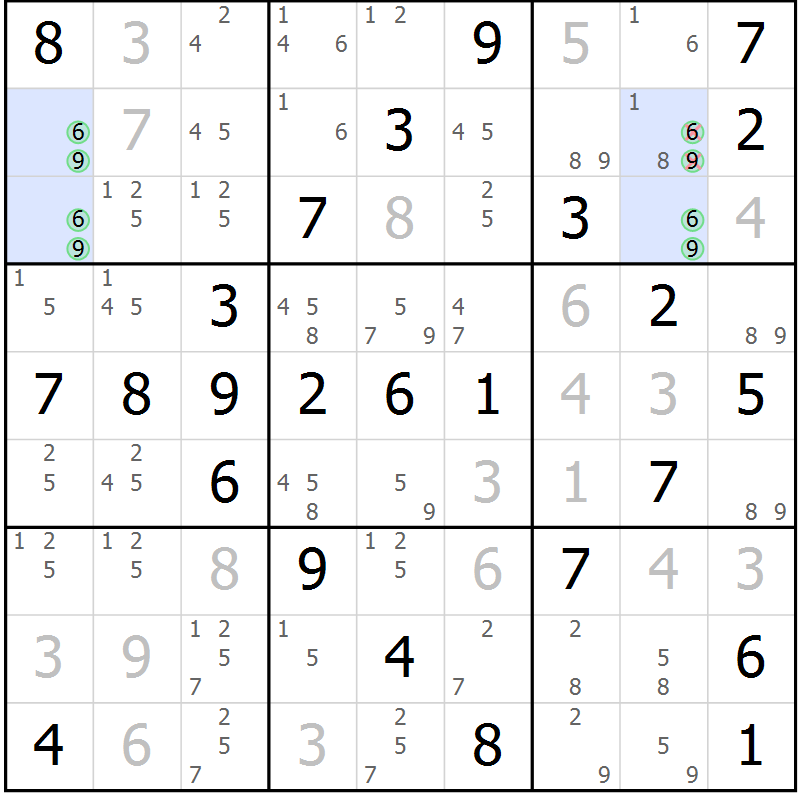 Position des candidats pour la solution de la Gr 54 page 57 du magazine de sudoku Virtuose n° 124