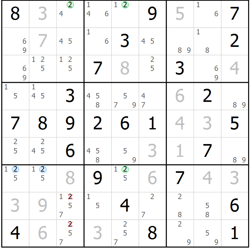 Position des candidats pour la solution de la Gr 54 page 57 du magazine de sudoku Virtuose n° 124