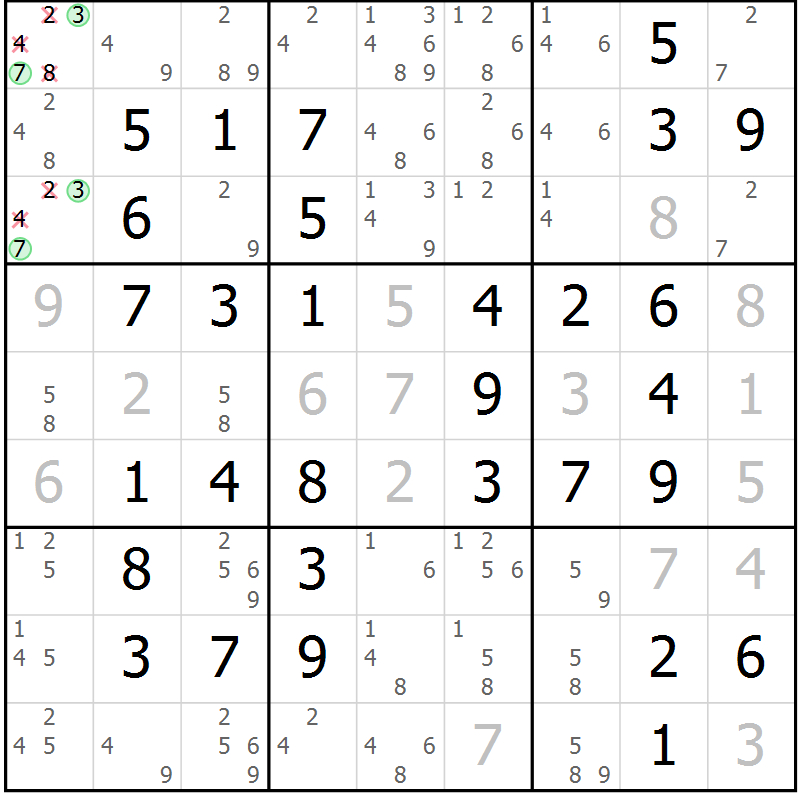 Position des candidats pour la solution de la Gr 55 page 58 du magazine de sudoku Virtuose n° 124