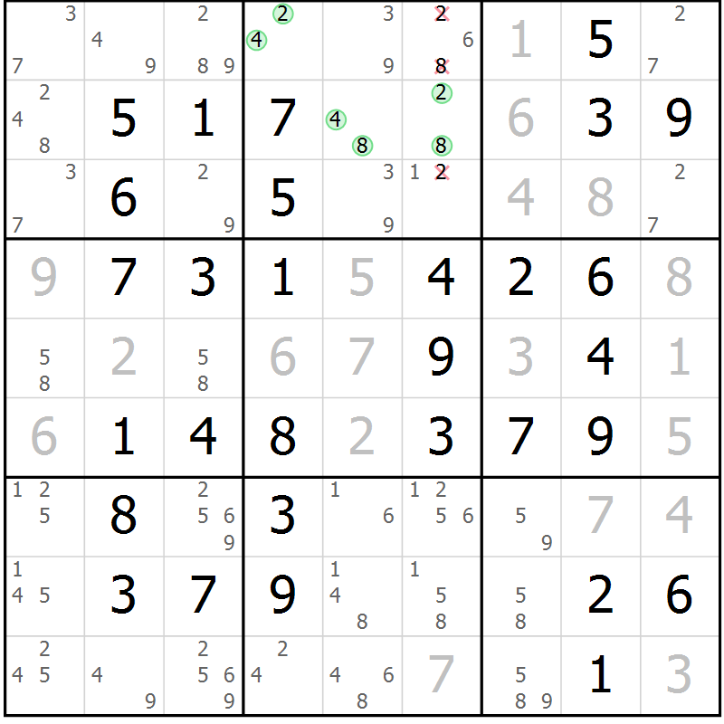 Position des candidats pour la solution de la Gr 55 page 58 du magazine de sudoku Virtuose n° 124