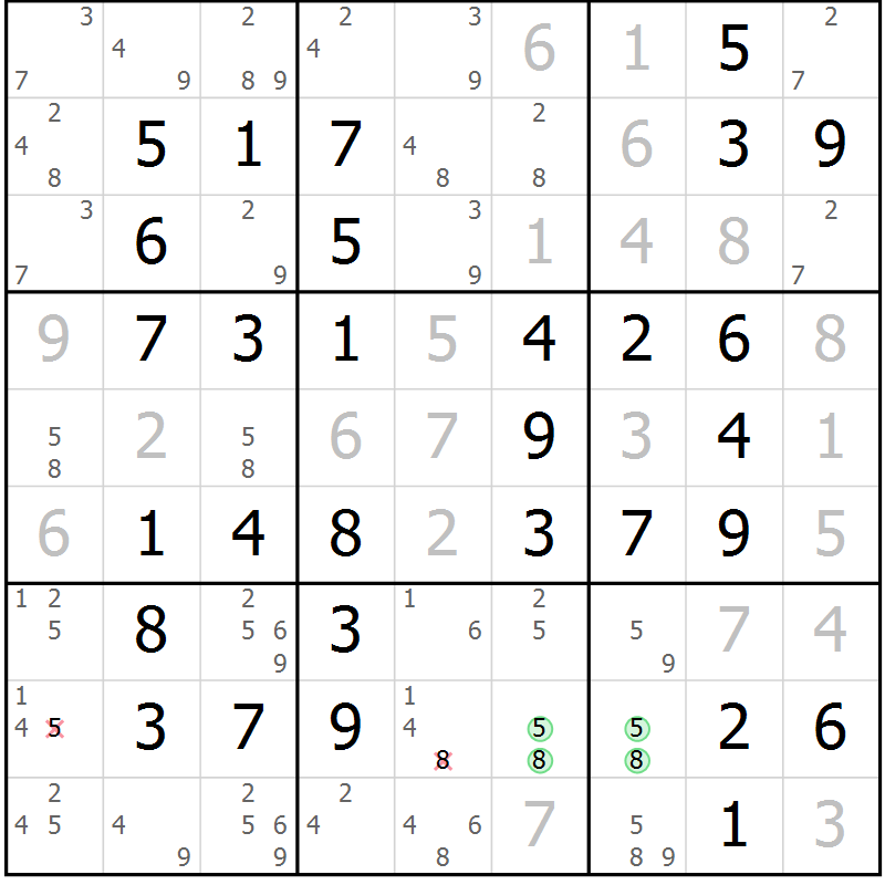 Position des candidats pour la solution de la Gr 55 page 58 du magazine de sudoku Virtuose n° 124