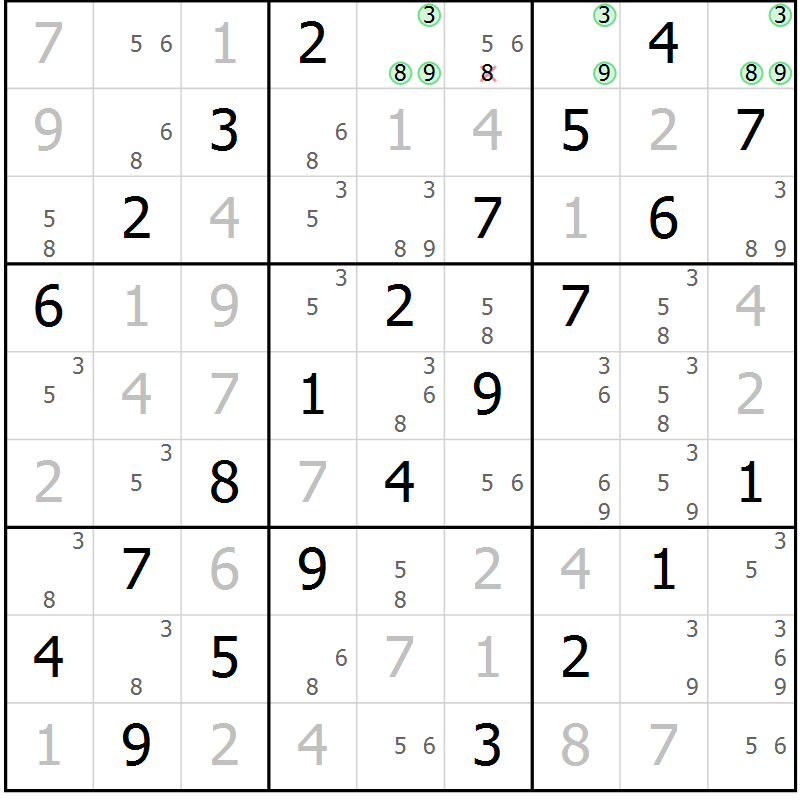 Position des candidats pour la solution de la Gr 56 page 59 du magazine de sudoku Virtuose n° 124