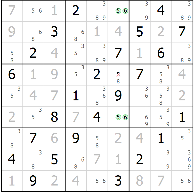 Position des candidats pour la solution de la Gr 56 page 59 du magazine de sudoku Virtuose n° 124