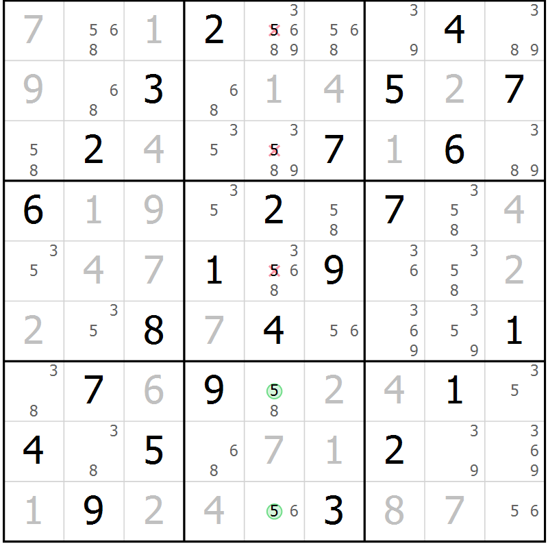 Position des candidats pour la solution de la Gr 56 page 59 du magazine de sudoku Virtuose n° 124