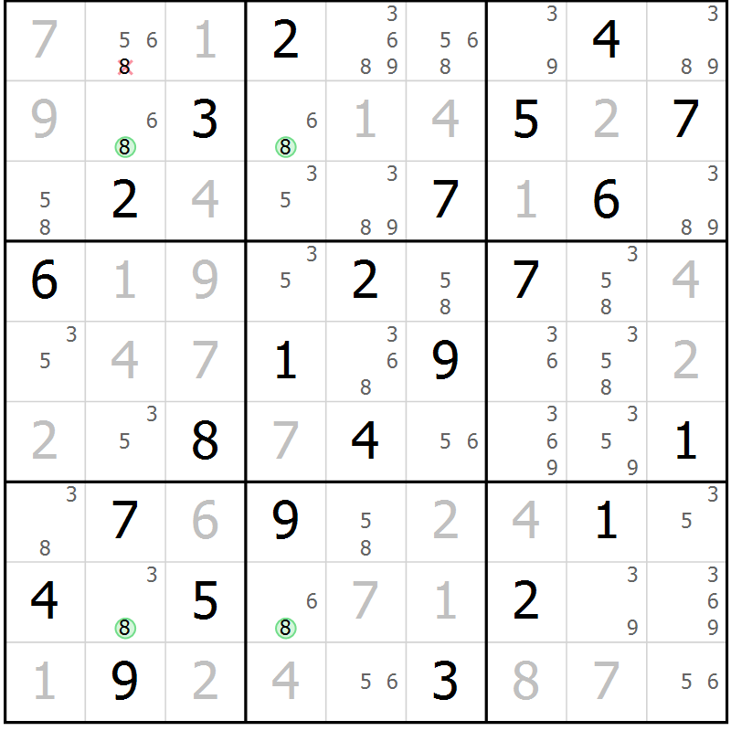 Position des candidats pour la solution de la Gr 56 page 59 du magazine de sudoku Virtuose n° 124