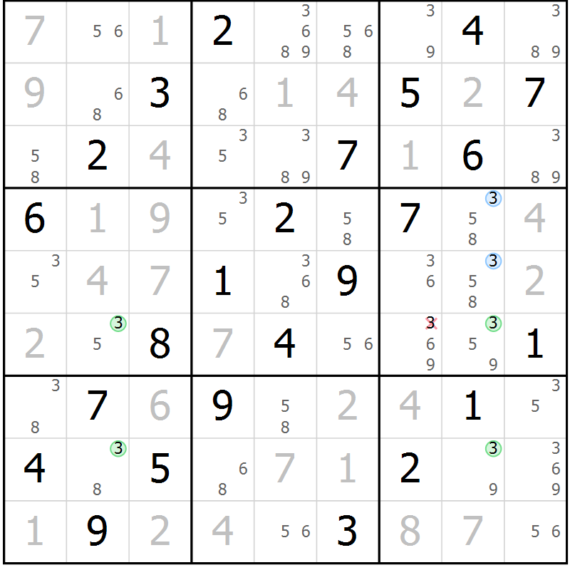Position des candidats pour la solution de la Gr 56 page 59 du magazine de sudoku Virtuose n° 124