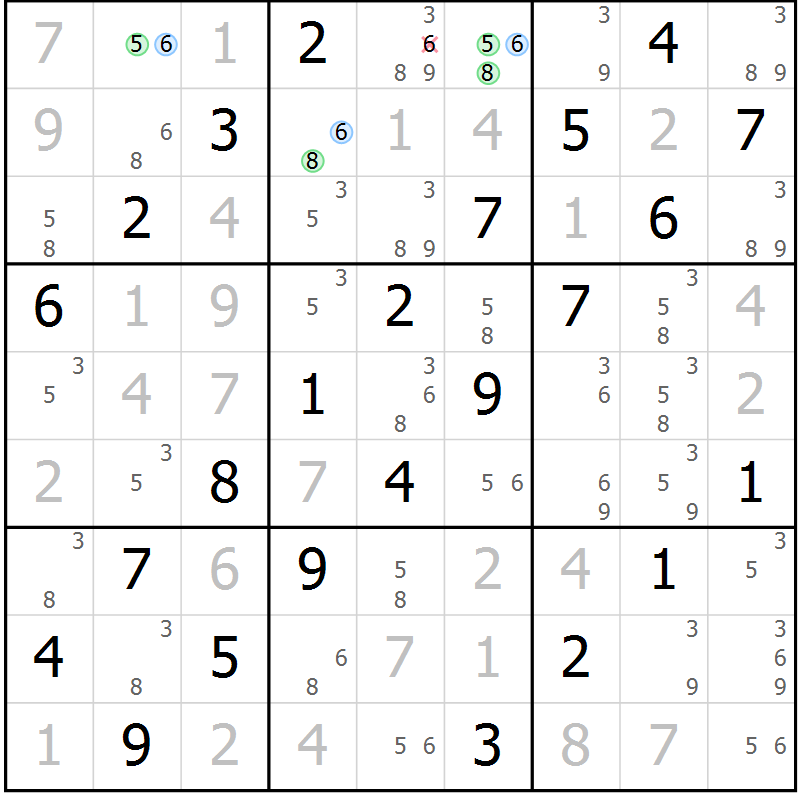 Position des candidats pour la solution de la Gr 56 page 59 du magazine de sudoku Virtuose n° 124