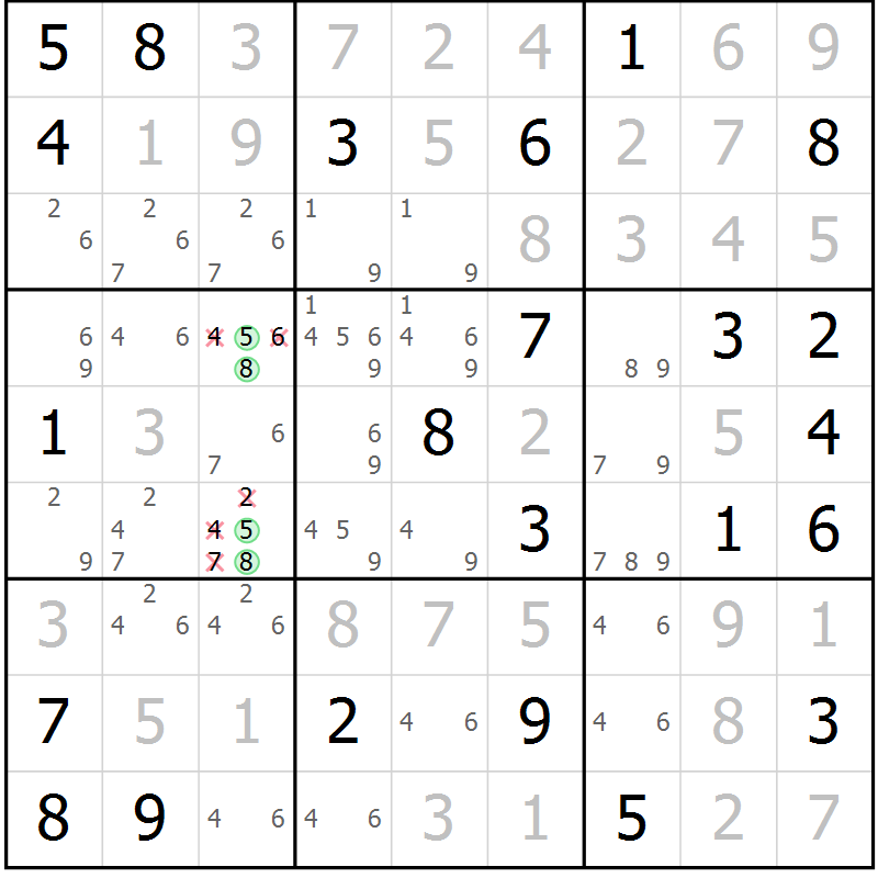 Position des candidats pour la solution de la Gr 57 page 60 du magazine de sudoku Virtuose n° 124