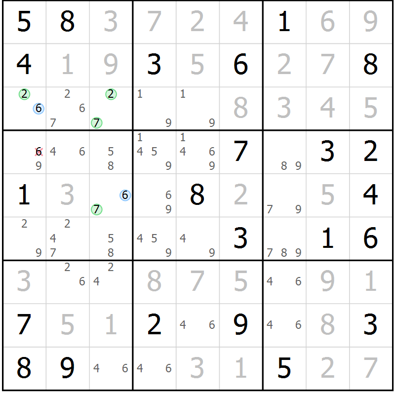 Position des candidats pour la solution de la Gr 57 page 60 du magazine de sudoku Virtuose n° 124