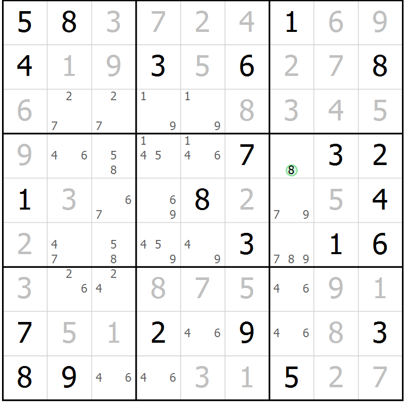 Position des candidats pour la solution de la Gr 57 page 60 du magazine de sudoku Virtuose n° 124