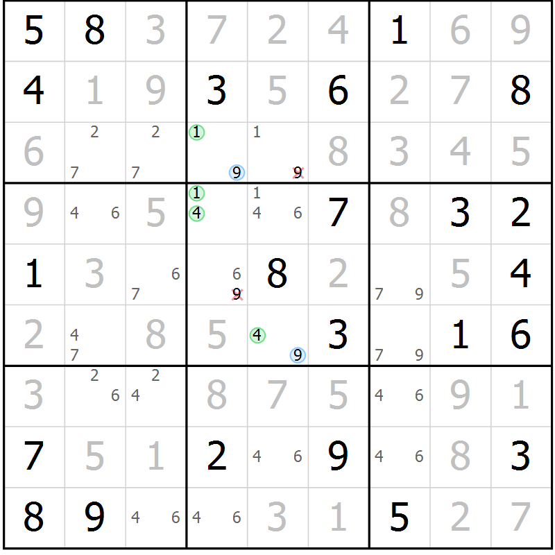 Position des candidats pour la solution de la Gr 57 page 60 du magazine de sudoku Virtuose n° 124