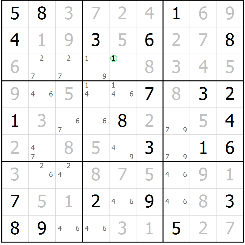 Position des candidats pour la solution de la Gr 57 page 60 du magazine de sudoku Virtuose n° 124