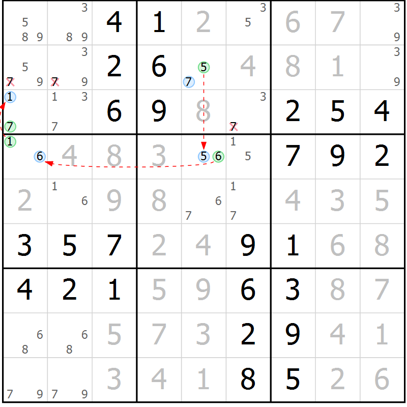 Position des candidats pour la solution de la Gr 58 page 61 du magazine de sudoku Virtuose n° 124