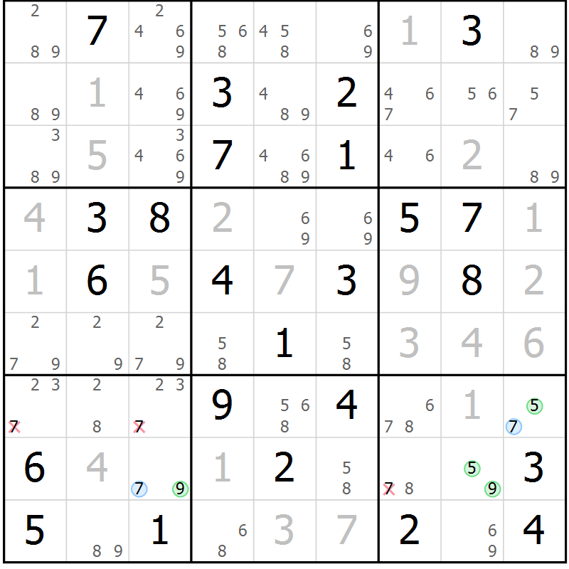 Position des candidats pour la solution de la Gr 59 page 62 du magazine de sudoku Virtuose n° 124