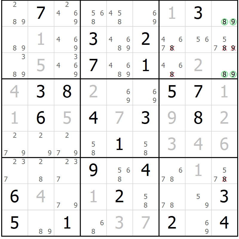 Position des candidats pour la solution de la Gr 59 page 62 du magazine de sudoku Virtuose n° 124