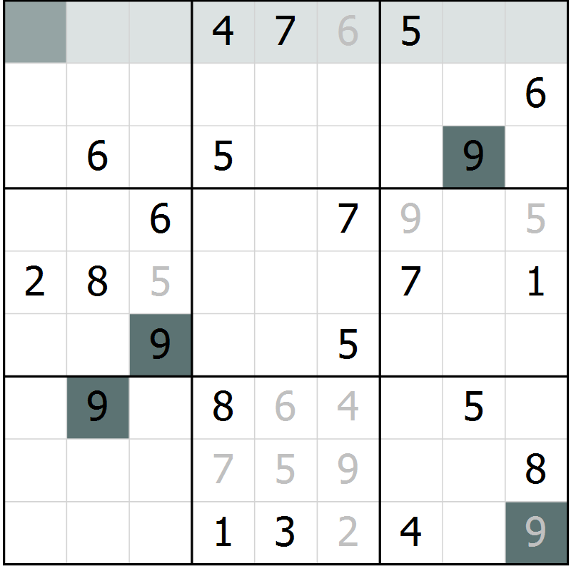 Position des candidats pour la solution de la Gr 6 page 9 du magazine de sudoku Virtuose n° 124