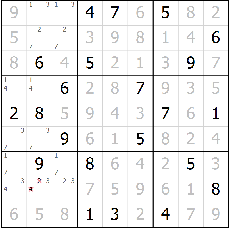 Position des candidats pour la solution de la Gr 6 page 9 du magazine de sudoku Virtuose n° 124