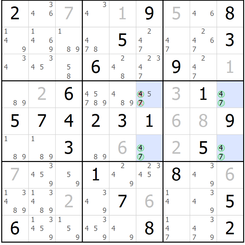 Position des candidats pour la solution de la Gr 60 page 63 du magazine de sudoku Virtuose n° 124