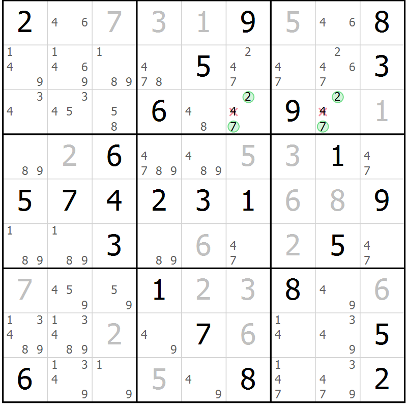 Position des candidats pour la solution de la Gr 60 page 63 du magazine de sudoku Virtuose n° 124
