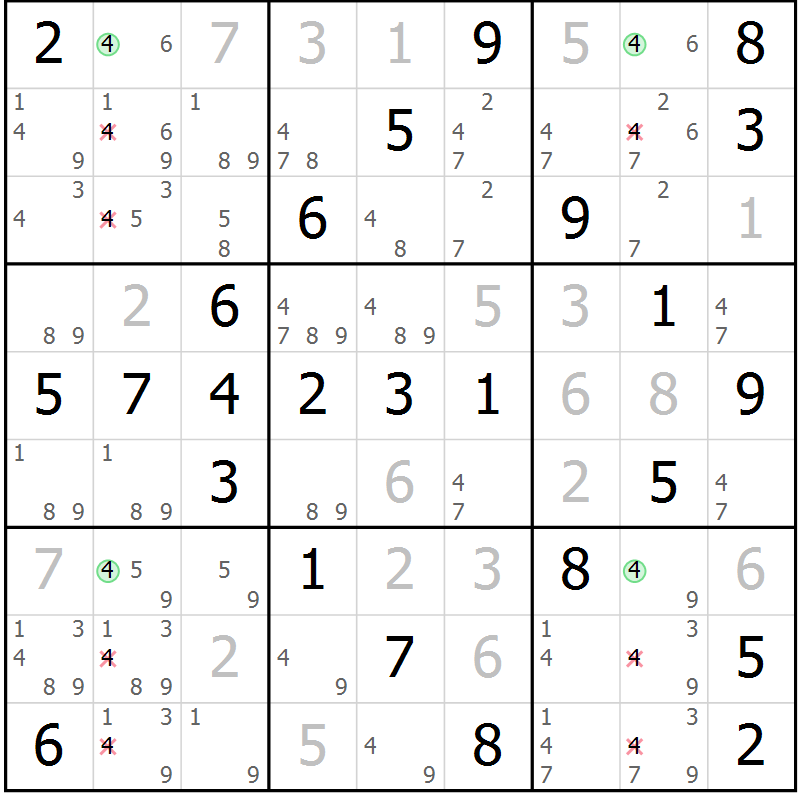Position des candidats pour la solution de la Gr 60 page 63 du magazine de sudoku Virtuose n° 124