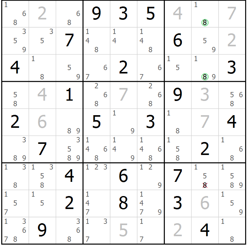 Position des candidats pour la solution de la Gr 61 page 64 du magazine de sudoku Virtuose n° 124