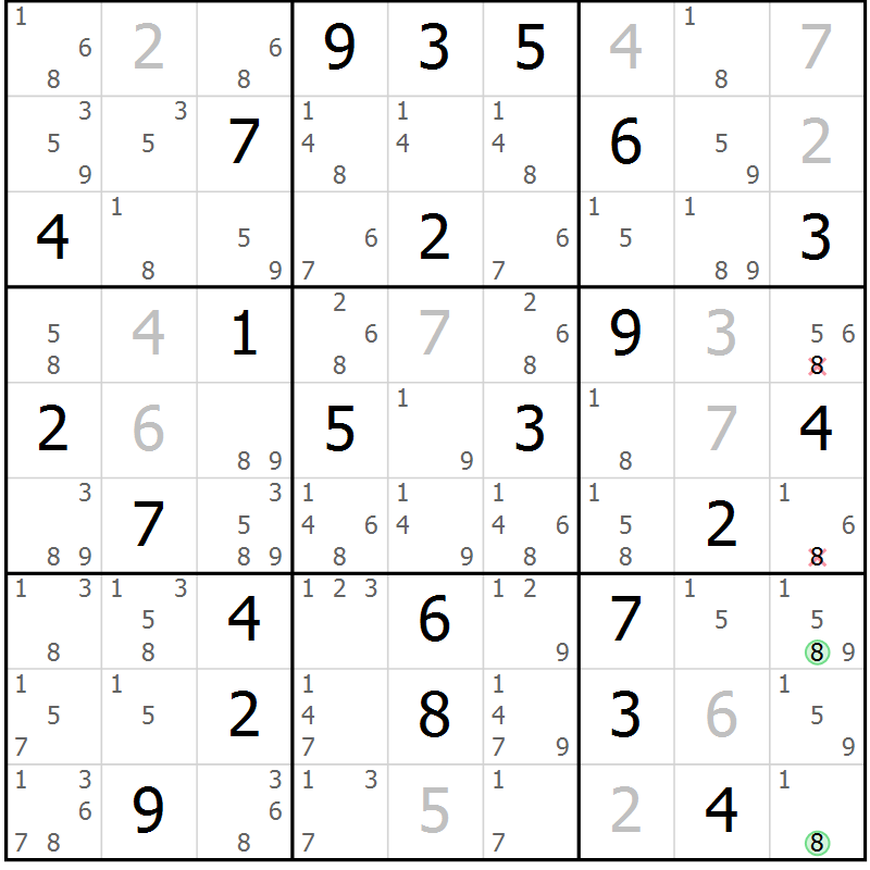 Position des candidats pour la solution de la Gr 61 page 64 du magazine de sudoku Virtuose n° 124
