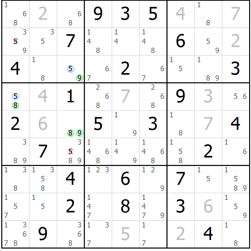 Position des candidats pour la solution de la Gr 61 page 64 du magazine de sudoku Virtuose n° 124