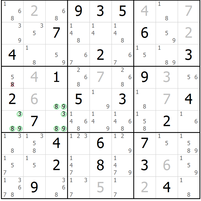 Position des candidats pour la solution de la Gr 61 page 64 du magazine de sudoku Virtuose n° 124