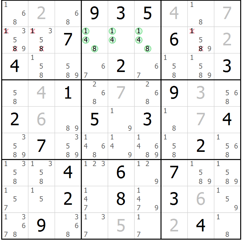 Position des candidats pour la solution de la Gr 61 page 64 du magazine de sudoku Virtuose n° 124