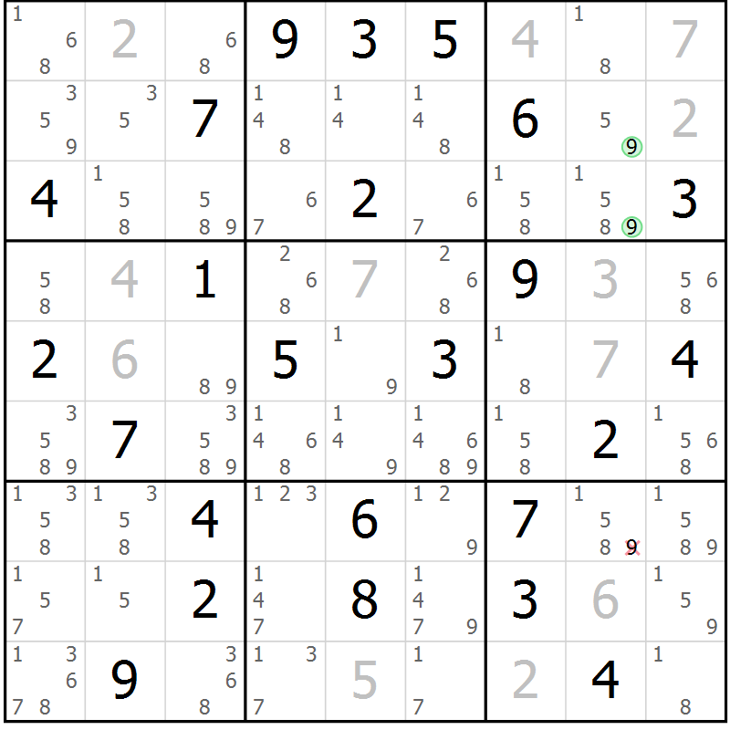 Position des candidats pour la solution de la Gr 61 page 64 du magazine de sudoku Virtuose n° 124
