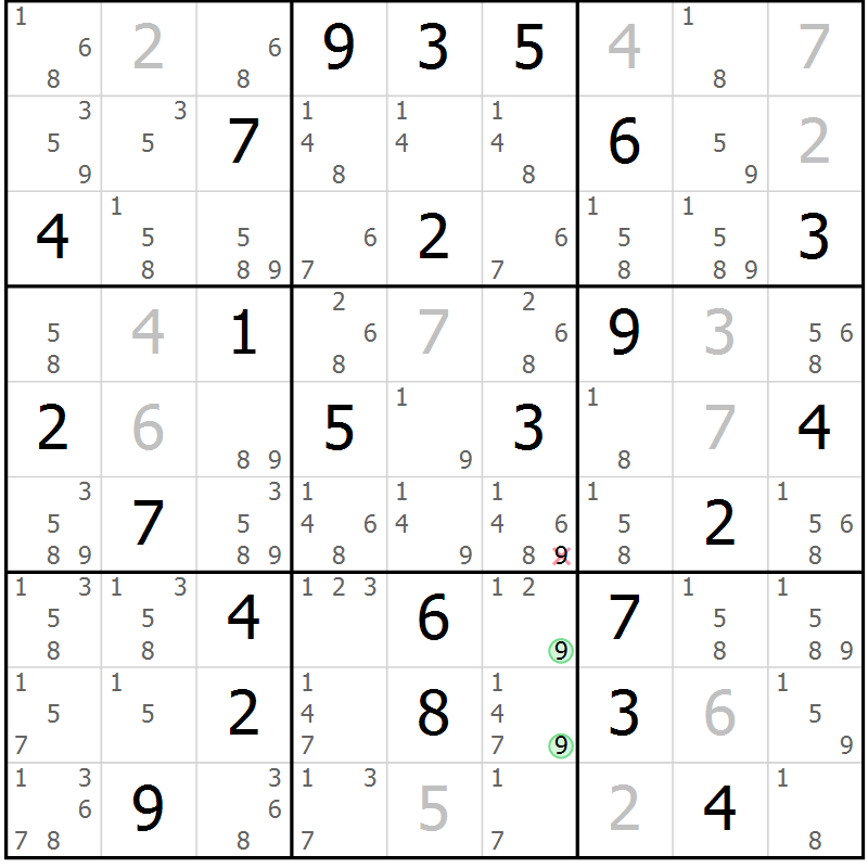 Position des candidats pour la solution de la Gr 61 page 64 du magazine de sudoku Virtuose n° 124