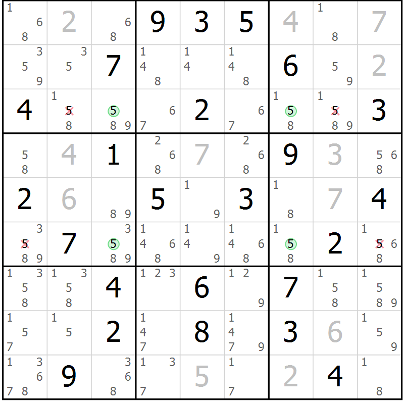 Position des candidats pour la solution de la Gr 61 page 64 du magazine de sudoku Virtuose n° 124