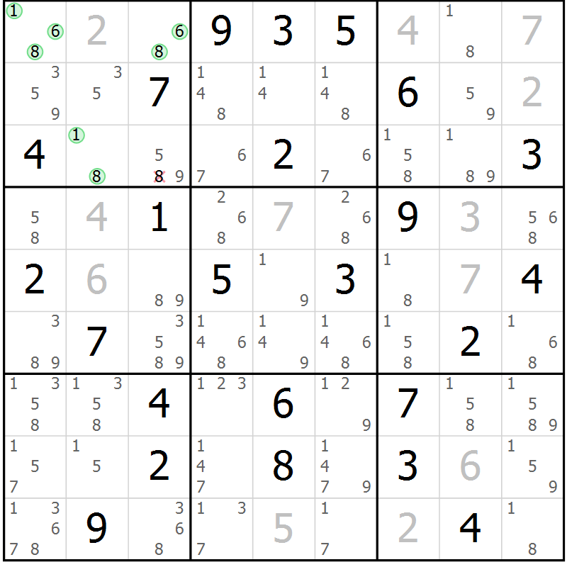 Position des candidats pour la solution de la Gr 61 page 64 du magazine de sudoku Virtuose n° 124