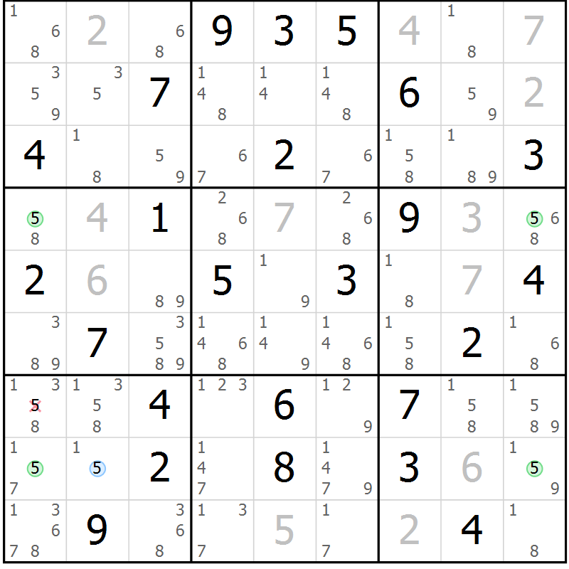 Position des candidats pour la solution de la Gr 61 page 64 du magazine de sudoku Virtuose n° 124