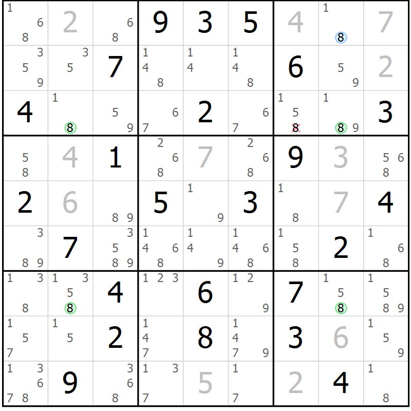 Position des candidats pour la solution de la Gr 61 page 64 du magazine de sudoku Virtuose n° 124