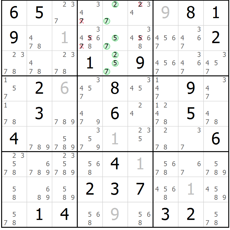 Position des candidats pour la solution de la Gr 62 page 65 du magazine de sudoku Virtuose n° 124